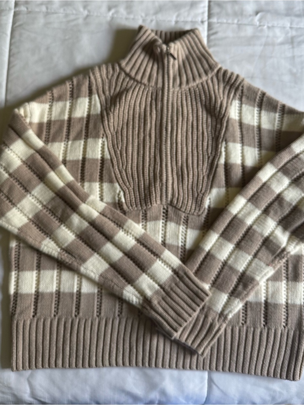 a new day Beige and Cream Half-Zip Stripe Ribbed Yoke Sweater Sz S NWT